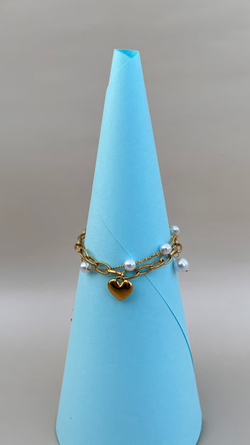 Gold Stainless Steel Pearl Heart Bracelet for Women | Layered Chain Jewelry