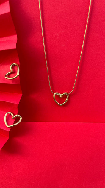 Gold Stainless Steel Heart Necklace & Earrings Set for Women