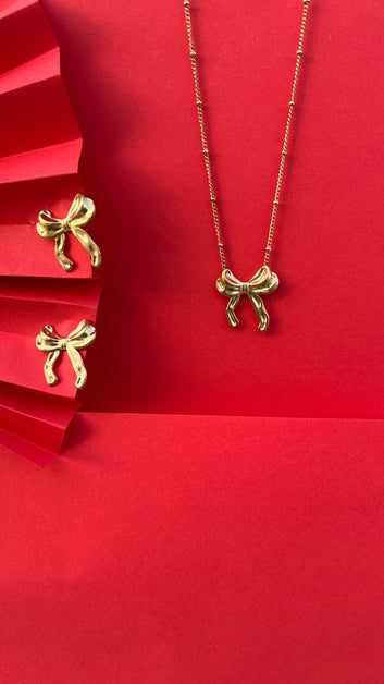 Gold Stainless Steel Bow Necklace & Earrings Set for Women